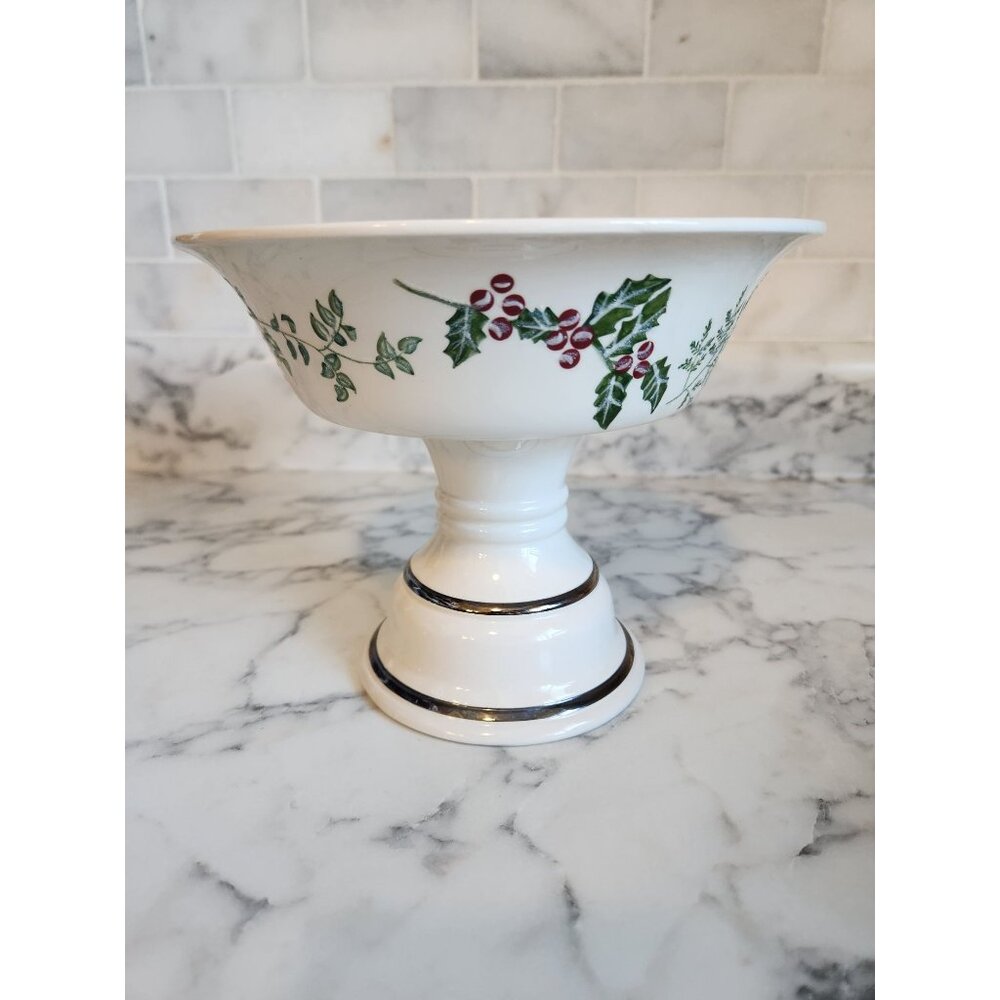 Bath & Body Works Holiday Christmas Holly Pedestal Candle Holder Candy Dish